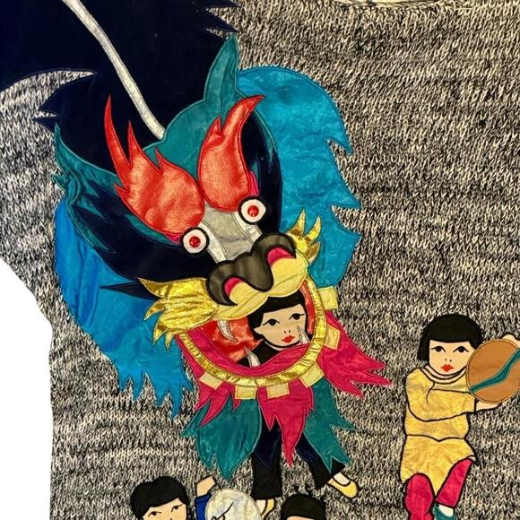 Vintage 80s Bonnie Boerer dragon appliqué oversized knit sweater L - Picture 2 of 4